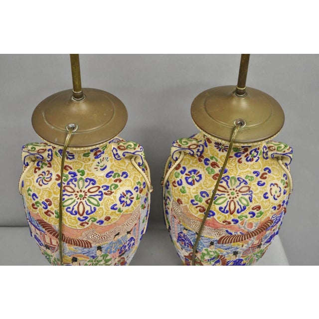 Antique Chinese Porcelain Painted Applied Scene Satsuma Vase Table Lamps - Pair For Sale - Image 9 of 12