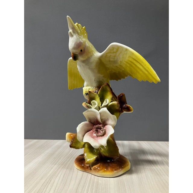 Yellow 1940s California Pottery Ceramic Tropical Cockatoo on Hibiscus Branch Statue For Sale - Image 8 of 13