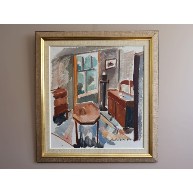 SUNLIT PARLOUR Size: 29.9 x 27.9 inches (including frame) Oil on Canvas An intimate mid-century interior painting that...