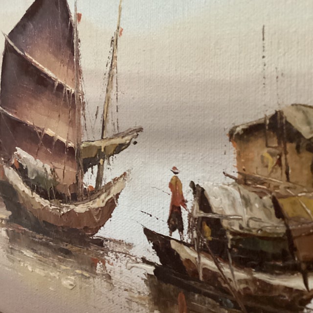 Wood Vintage Painting of Mixed Media Chinese Junk Boats by Paul Wong Framed For Sale - Image 7 of 12