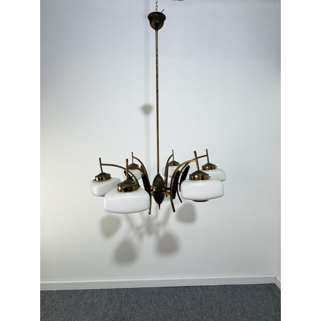 6-Light Chandelier in Brass, Wood and Opal Glass in the style of Stilnovo, 1950 For Sale - Image 6 of 11