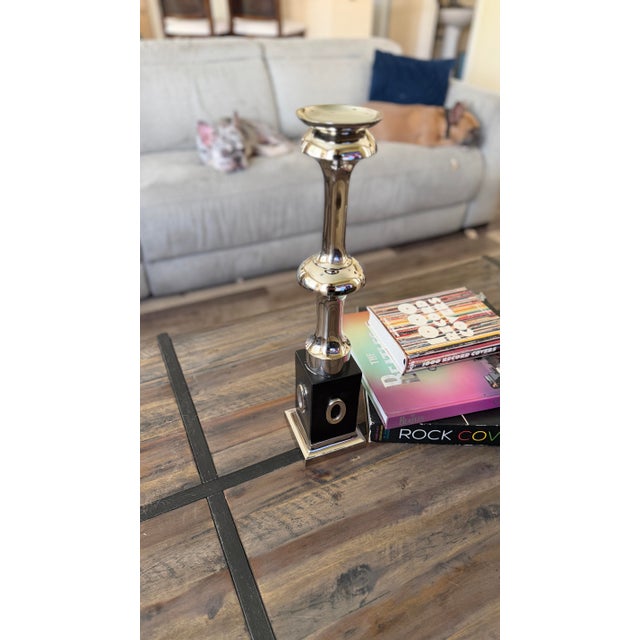 Pair of Global Views Polished Nickel Sculptural Candlesticks, 24.5” & 18.5” For Sale - Image 10 of 11