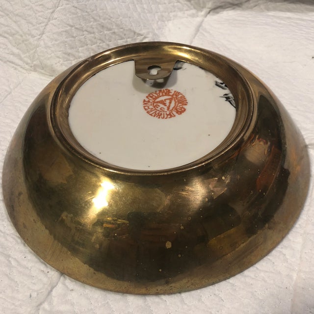 Navy Blue 1980s Vintage Floral Asian Influence Hand Painted Dish For Sale - Image 8 of 9