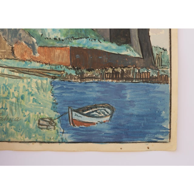 Mid-Century Swedish Outsider Folk Art Original Watercolor Painting, Signed, Lakeside Fortress Landscape For Sale - Image 9 of 9