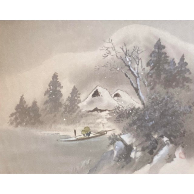 Vintage Chinese original painting on linen featuring a soft winter landscape with snow-covered rooftops, pine trees, a...