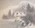 Vintage Chinese original painting on linen featuring a soft winter landscape with snow-covered rooftops, pine trees, a...