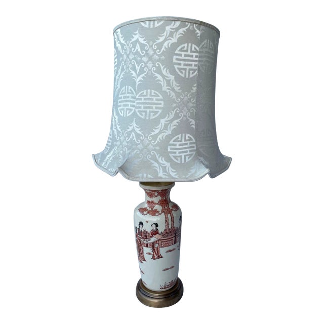 Vintage Chinoiserie Porcelain Table Lamp W/Silk Pagoda Shade For Sale