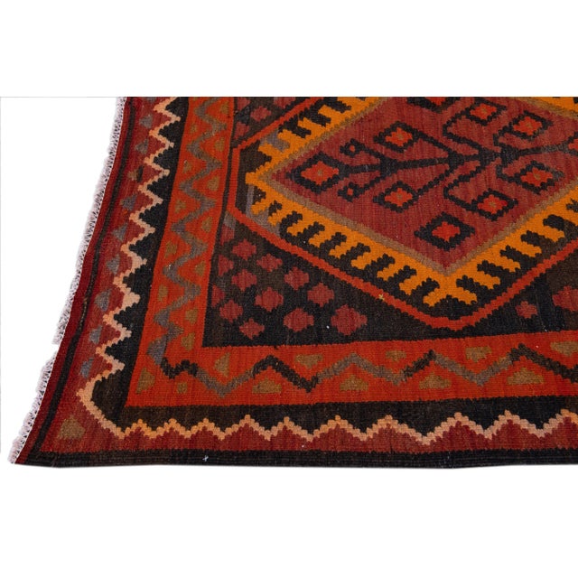 Vintage Kilim Red Handmade Flatweave Tribal Motif Wool Runner For Sale - Image 4 of 11