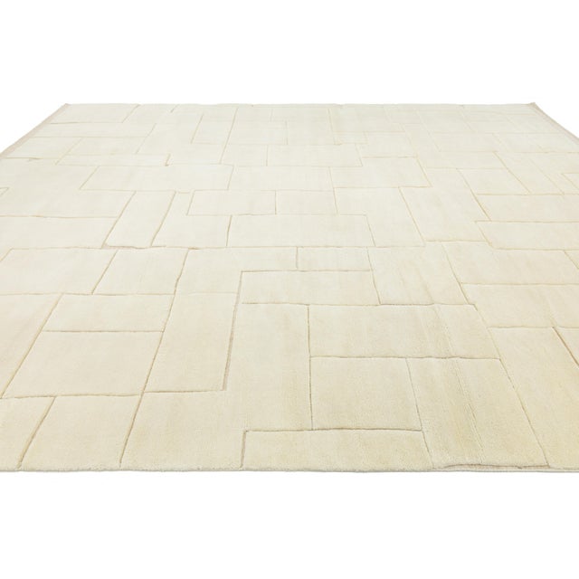 2020s Contemporary Sculpted Ivory Moroccan Wool Rug Hand-Knotted Geometric High-Low For Sale - Image 5 of 12