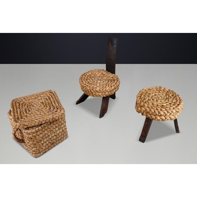 Vintage French Rope Chair with Stool and Basket from Audoux Minet, 1960s, Set of 3 For Sale - Image 10 of 15