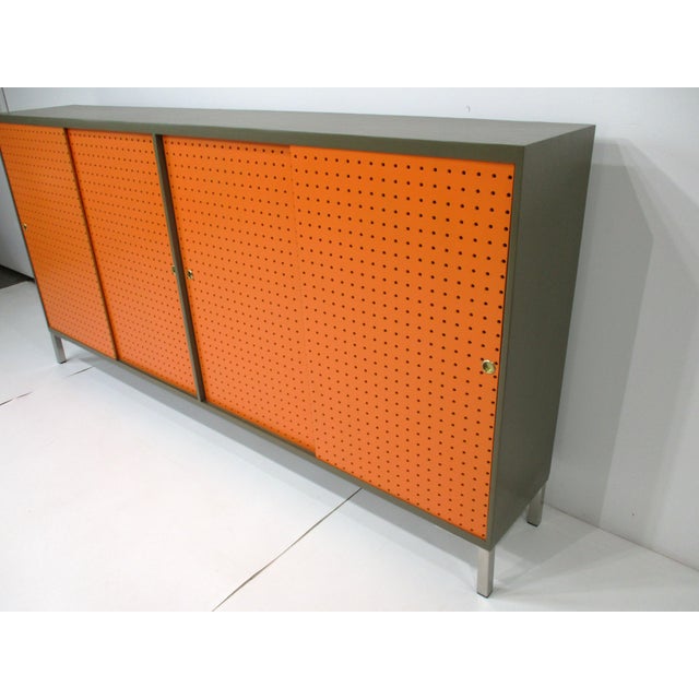 Tangerine Mid Century Credenza Bookcase Storage Cabinet in the Style of Paul McCobb For Sale - Image 8 of 16