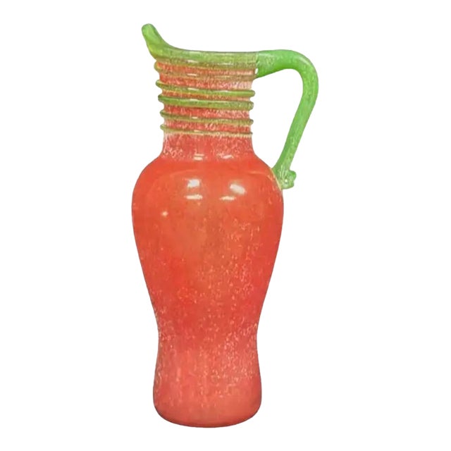 Vintage Murano Art Glass Pitcher, Scavo-Style, Coral-Red & Green For Sale