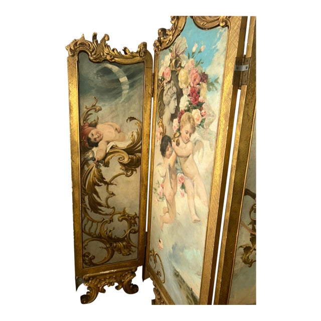 Antique French Rococo Gilded Three-Panel Hand-Painted Folding Screen With Cherubs and Floral Motifs For Sale