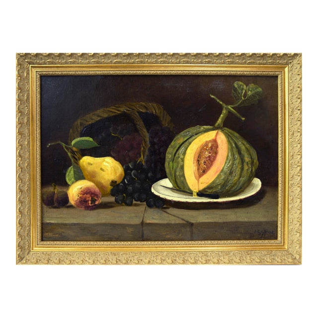 Antique Still Life With Fruit and Melon For Sale