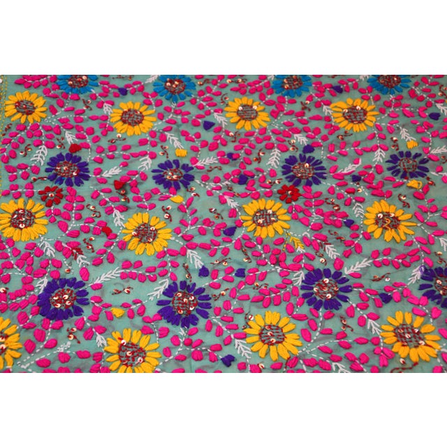 Pink Vintage Suzani Embroidery in Teal Background with Yellow Pink Turquoise For Sale - Image 8 of 13