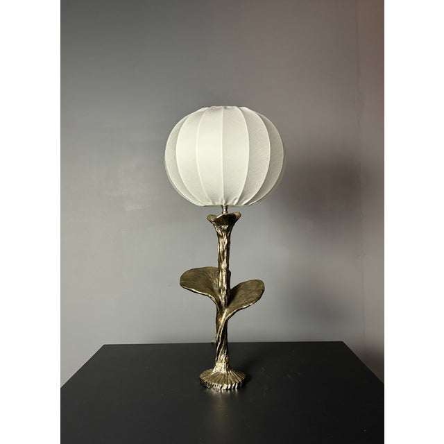 Metal Brass Silver Flower Lamp with Cocoon Fabric Shade, 1980s For Sale - Image 7 of 11