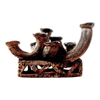 An Anamorphic 1970s Unsigned Brutalist Clay Sculpted Earth-Tone Menorah 9 Stick Candelabra For Sale