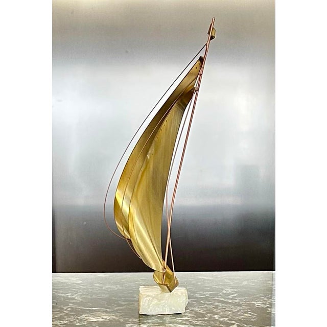 Signed Mario Jason Brass/Copper Double Sail, Sailboat Sculpture on an Onyx Base, C1970’s For Sale - Image 4 of 12