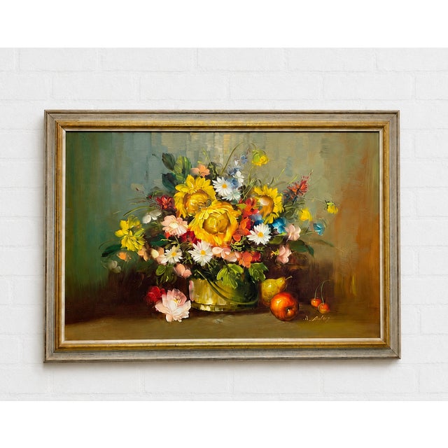 An elegant vintage still life oil painting featuring a lush floral arrangement of golden yellow roses, soft pink blossoms,...