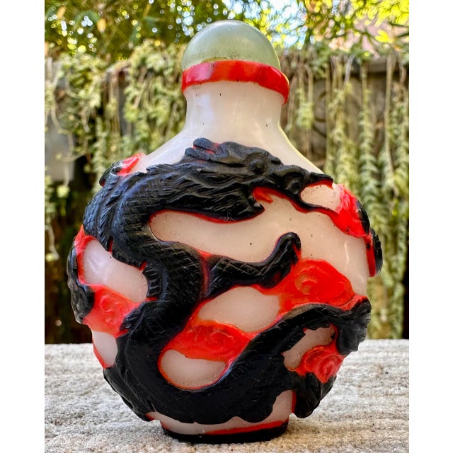 Antique Peking Glass Black Red Double Overlay Dragon Snuff Bottle For Sale - Image 9 of 12