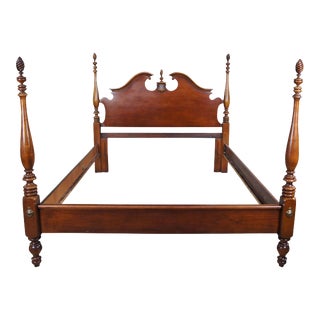 Vintage American Drew Solid Cherry Low Poster Open Pediment Queen Full Bed For Sale