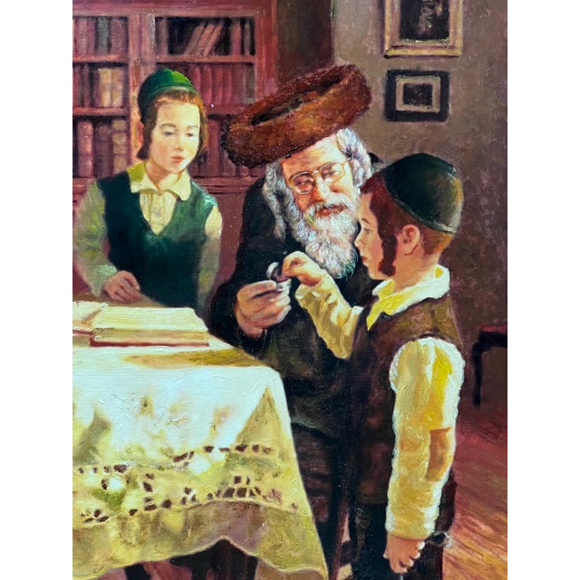 Judaica Art Oil Painting Portrait of Rabbi and Children With Gold Gilt Wooden Frame For Sale In New York - Image 6 of 7