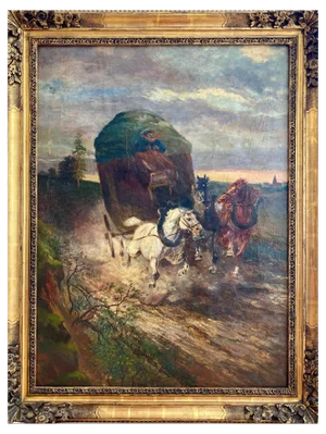 Eugène Péchaubès, Horses Pulling a Carriole at High Speed, Oil on Canvas