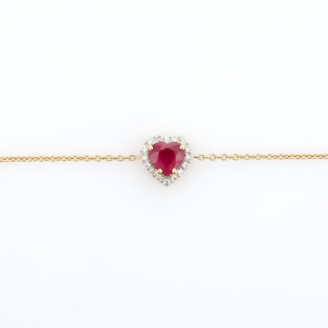 Modern Heart Cut Ruby Prong Set With Natural Diamonds in 14k Yellow Gold Bracelet For Sale - Image 3 of 15