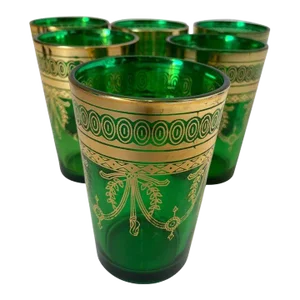 Set of Six Handblown Moroccan Moorish Green and Gold Glasses