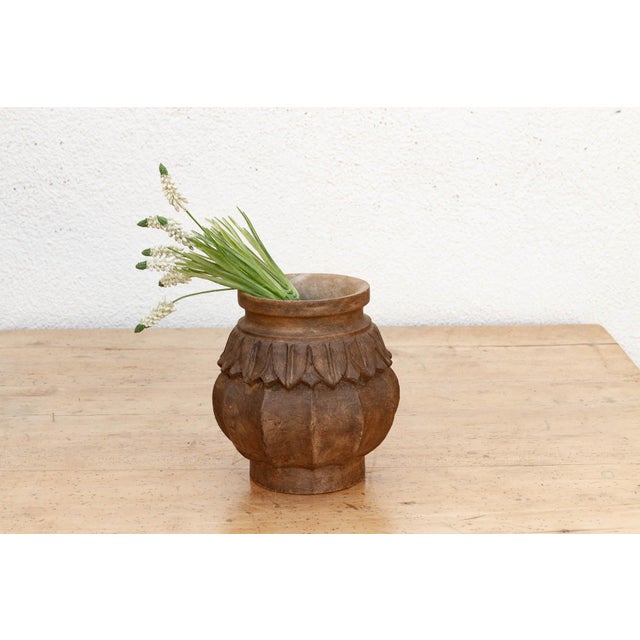 Deep Brown Carved Bulbous Marble Vase For Sale - Image 9 of 9