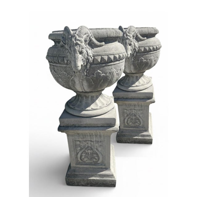 Each urn is adorned with a crisp gadrooned base, a band of geometric dentil molding, and a beautiful acanthus leaf relief...