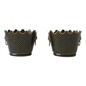 Italian Black & Gold Tole Cachepot Jardiniere Lion Head Planters, Pair