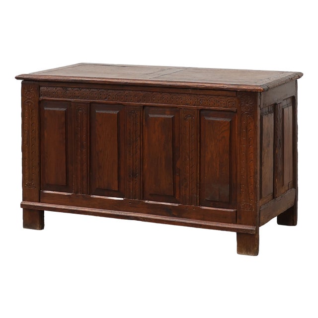 Carved Oak Blanket Chest with Linenfold-Style Panels, 1600s For Sale