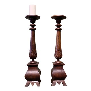 Tall Gothic Turned and Carved Wooden Candlesticks, 1960, Set of 2 For Sale