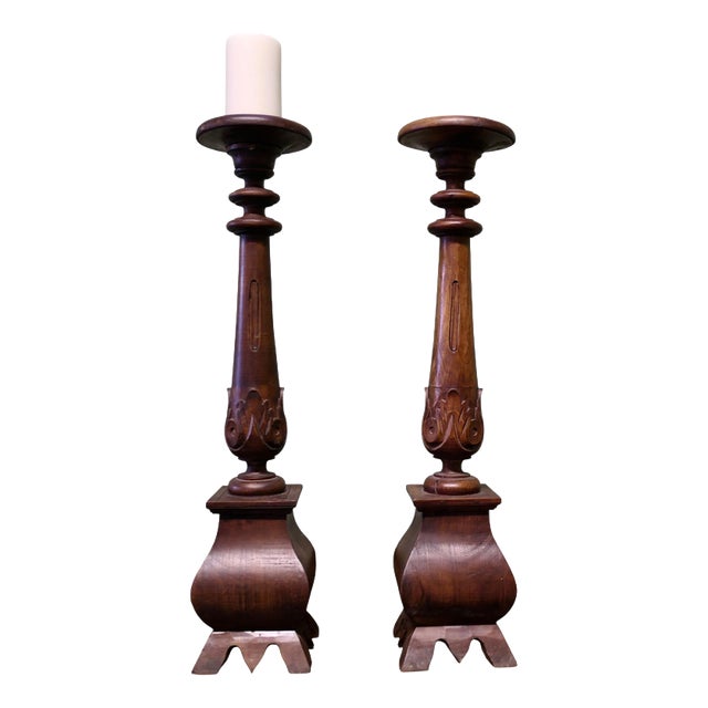 Tall Gothic Turned and Carved Wooden Candlesticks, 1960, Set of 2 For Sale