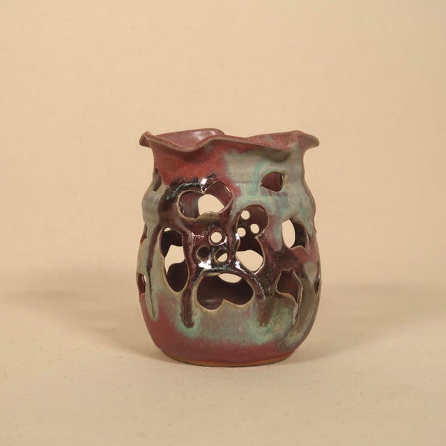 Mauve Vintage Sculptural Studio Pottery Pierced Ceramic Vessel Candle Holder With Organic Drip Glaze For Sale - Image 8 of 18