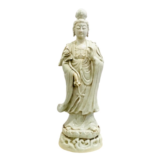 Asian Celadon Crackle Glaze Quan Yin Sculpture For Sale
