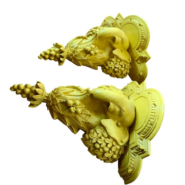 Hollywood Regency 1970s Carved Wood Yellow Lacquer Elephant Wall brackets.A Pair For Sale - Image 3 of 6