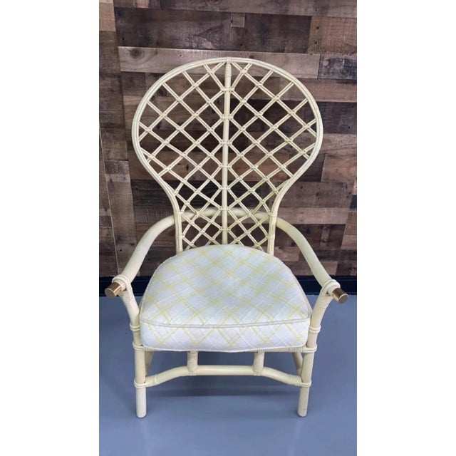 Boho/Hollywood Regency Vintage ivory wooden bamboo rattan diamond back chair with rose gold arm end caps.