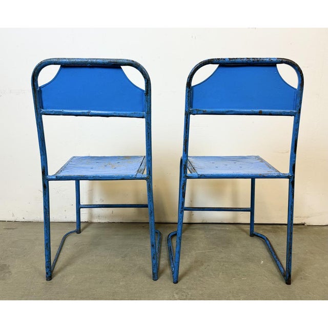 Set of Industrial Blue Iron Chairs, 1950s For Sale - Image 6 of 18