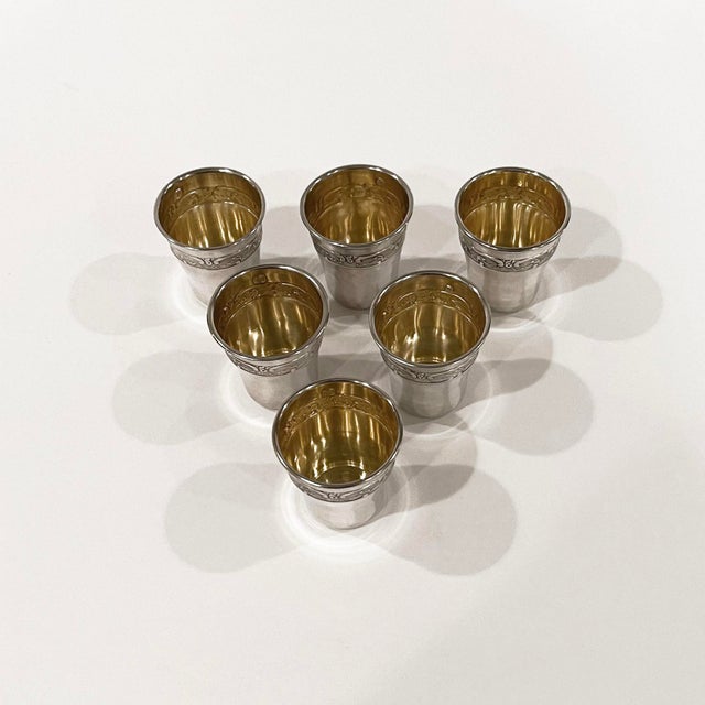 Art Nouveau Early 20th Century French Sterling Silver and Vermeil Liqueur Cups- Set of 6 For Sale - Image 3 of 11