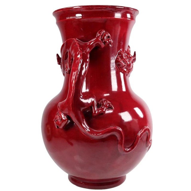 Chinese Sang de Boeuf Glazed Ceramic Dragon Vase with Relief Handles, 1890s For Sale - Image 3 of 13