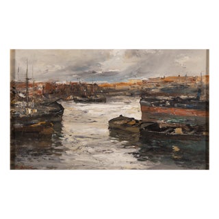 Ezelino Briante, Harbor with Moored Boats at Sunset, Oil on Panel For Sale