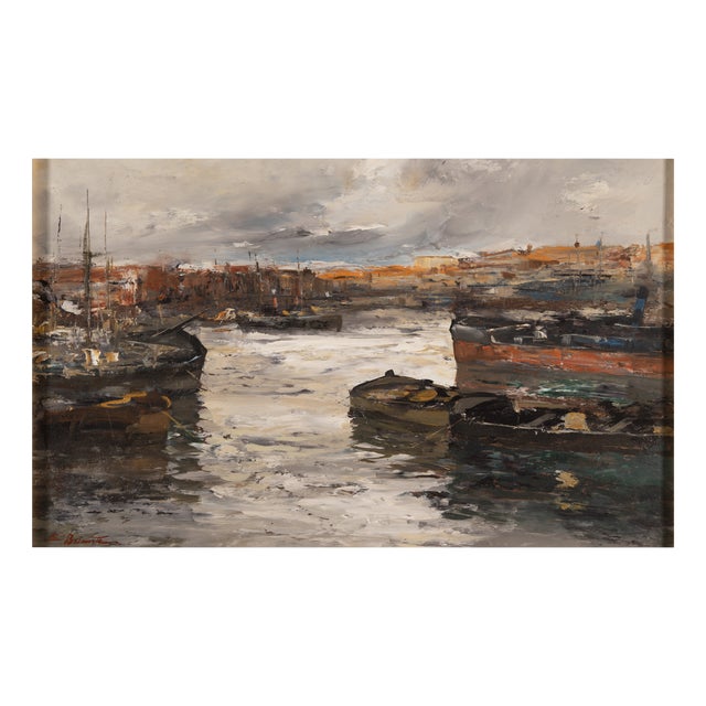 Ezelino Briante, Harbor with Moored Boats at Sunset, Oil on Panel For Sale