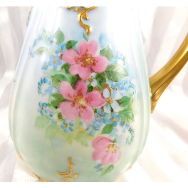 1940s Pale Blue Signed Hand Painted Teapot Sugar Bowl and Creamer Set For Sale - Image 11 of 17