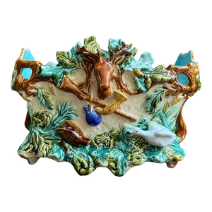 Antique French Majolica Barbotine Jardinière Hunt Stag Onnaing Cache Pot Planter