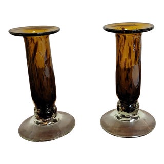 Hollywood Regency Tortoiseshell Glass Candle Holders, Hand Blown - a Pair For Sale