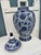 Vintage decorative blue and white porcelain ginger jar featuring intricate floral and foliate patterns. From Pier One...