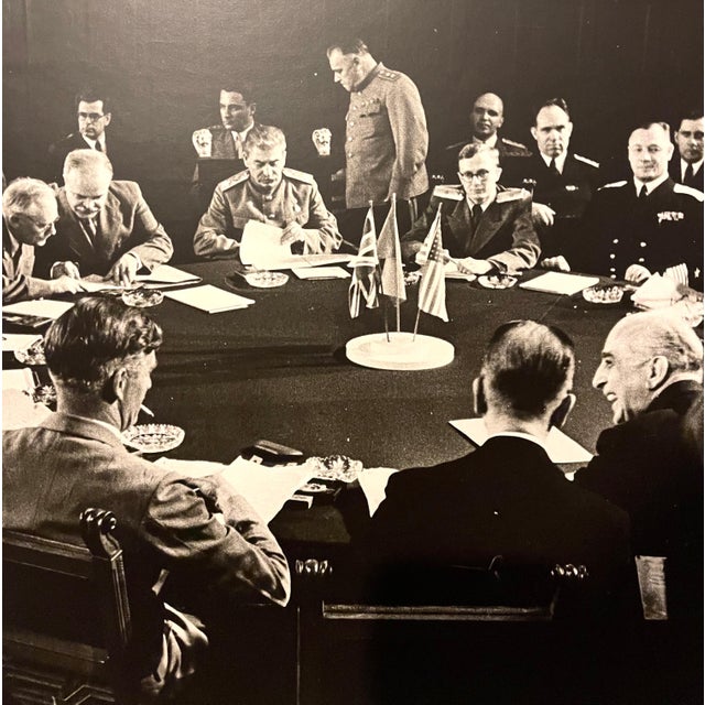 Potsdam conference meeting depicting Josef Stalin, Winston Churchill and Harry Truman (not visible) at the conference...