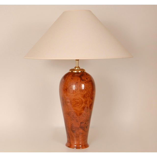 Vintage Table Lamps Faux Elm Burl Wood French Ceramic Vase Lamps Brown Cognac - A Pair For Sale - Image 10 of 11